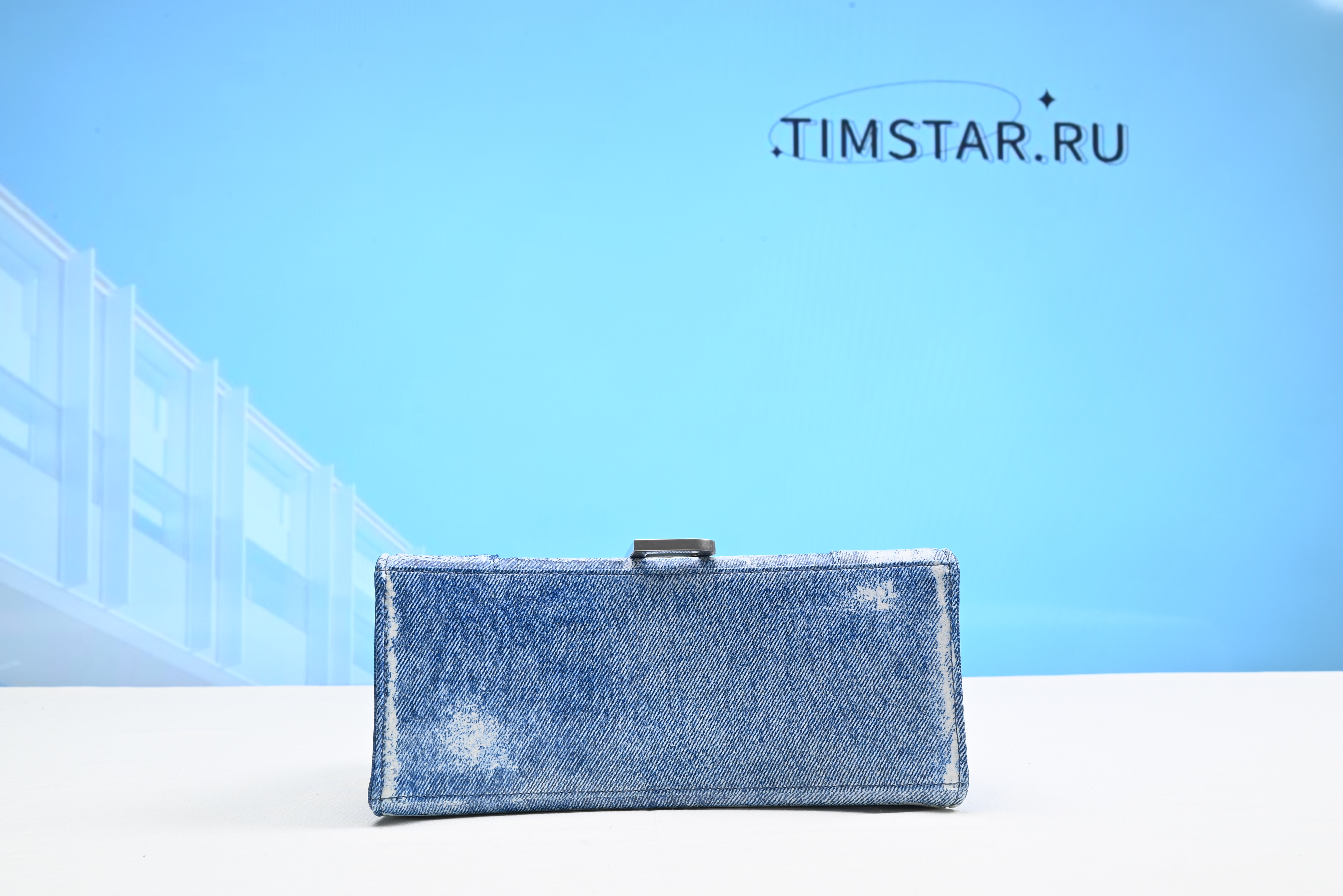 Hourglass Denim-Print Leather Bag - Light Blue 19x12x7.5cm