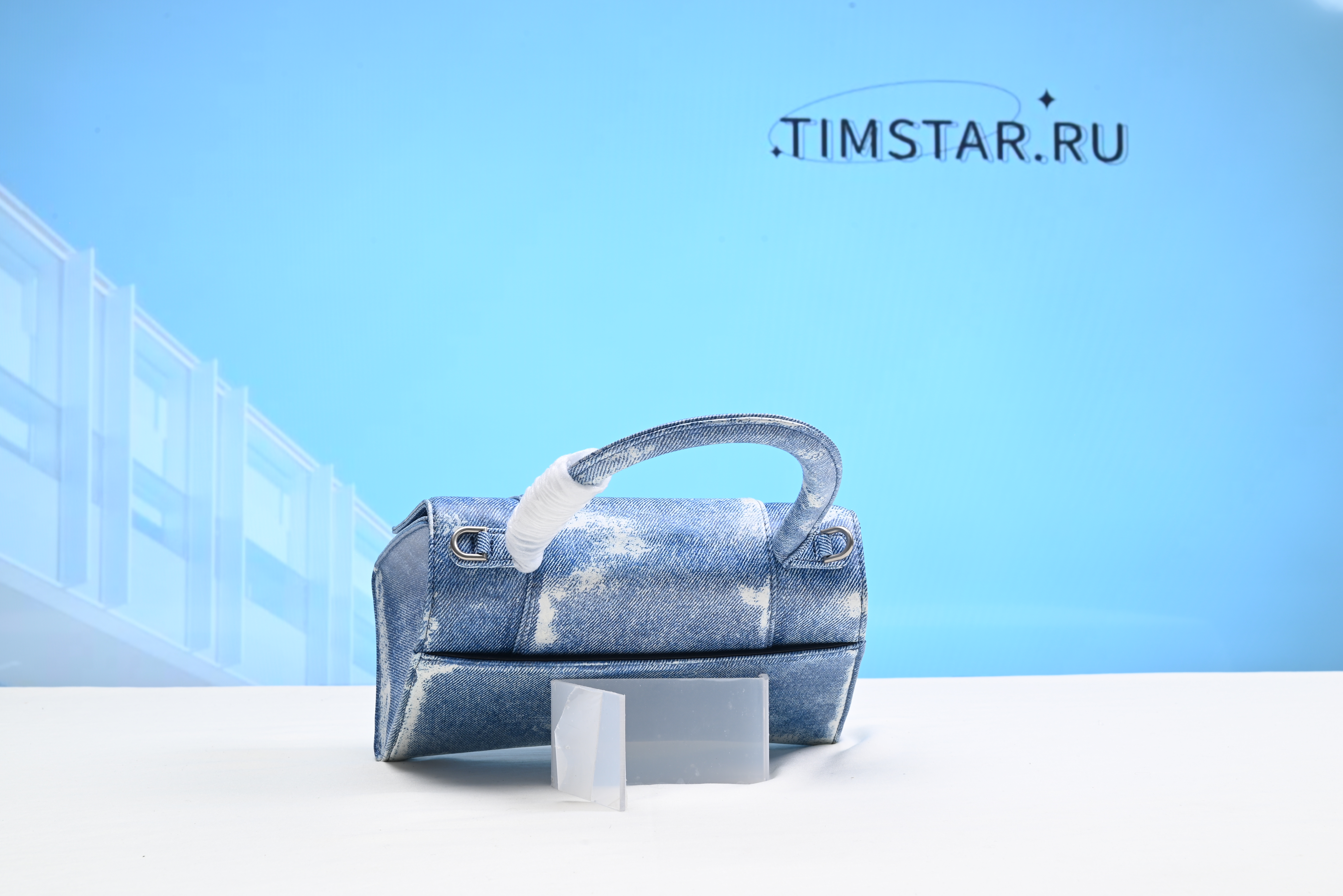 Hourglass Denim-Print Leather Bag - Light Blue 19x12x7.5cm