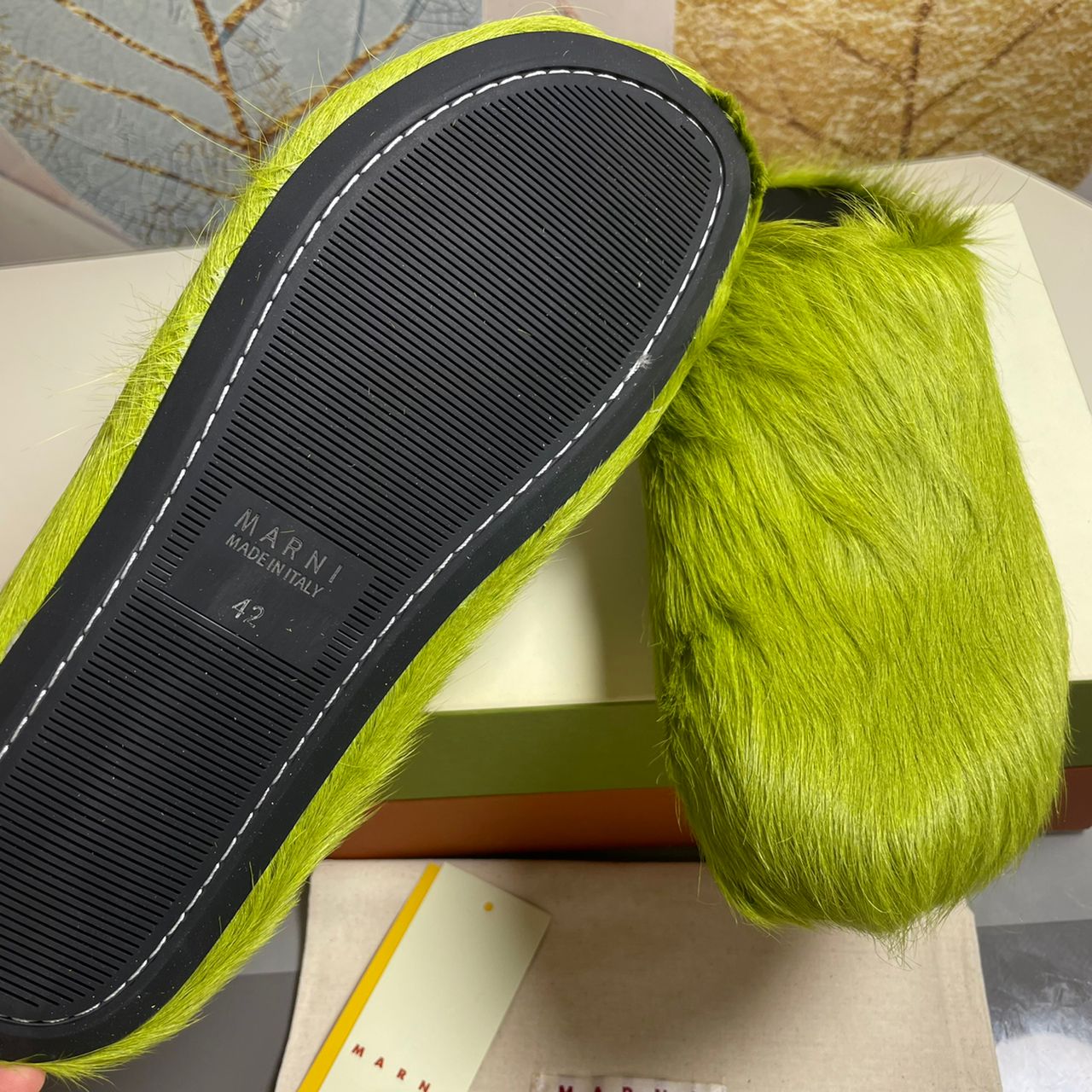 marnii fur slippers green